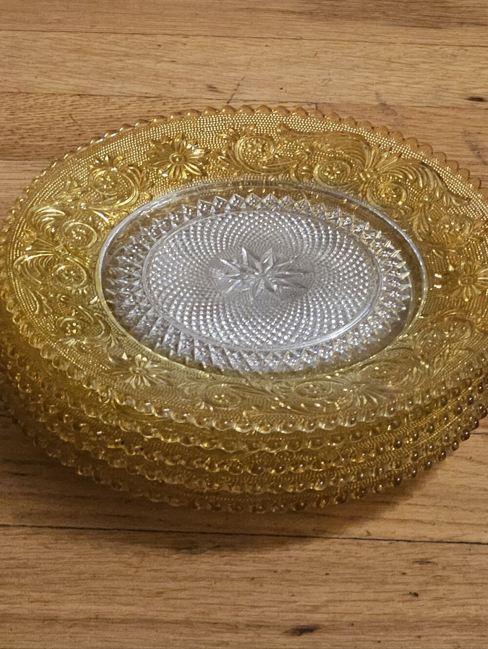 *Indiana Tiara Yellow Mist Glass Luncheon Plates with Sawtooth Rim Set Of 5